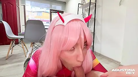 Zero Two cosplay slut fingered her dripping cunt then stuffed her ass with lube.