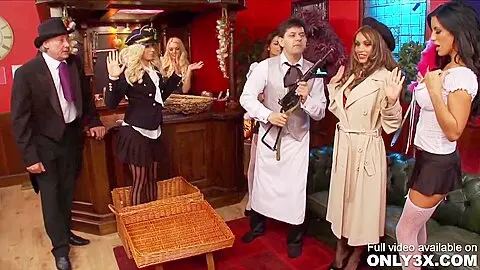 Lily Love and Sabrina Sweet gag on cock while two dicks stretch their sloppy cunts raw.