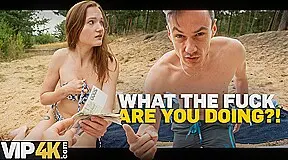 HUNT4K slut takes three dicks in her ass and begs for cum.
